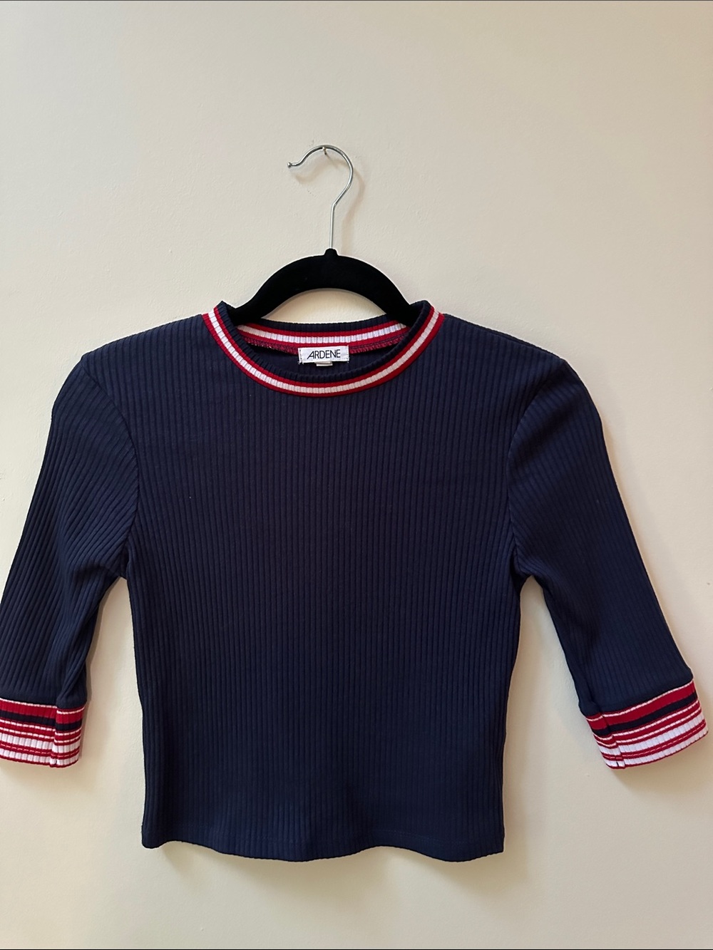 2/$20 Ardene Navy Ribbed Cropped 3/4 Sleeve Top with Red & White Stripe Trim